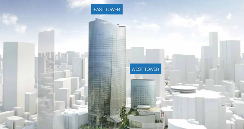 The proposed redevelopment would see a 230-meter-tall and 110-meter-tall tower replace two existing buildings.