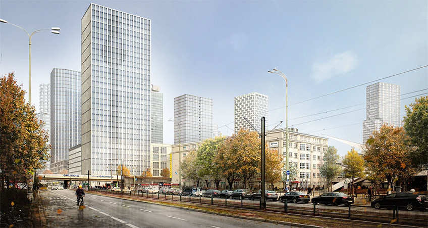 On the left, the high-rise by Signa; in the middle, the Covivio Tower; and on the far right, the 150-meter Alexander Tower.
