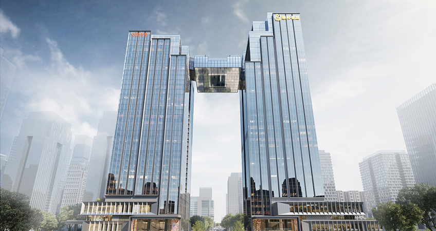 Linking the two towers, one at 150 meters, and one at 172 meters, the skydeck has officially been lifted into place.