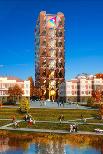 The copper headquarters' combination of solid and glazed exterior treatment helps balance the region's generous temperature changes between seasons. (c) Russian Copper Company.