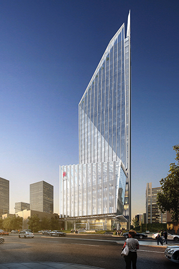 The building is set back from the street to form a large, green public plaza.