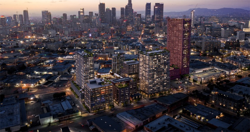 An aerial rendering showing the proposed Fourth & Central in the Arts District.(Studio One Eleven / Adjaye Associates)