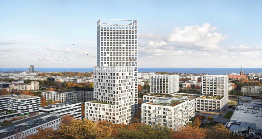 The winning design from Grupa 5 Architekci refer's to Gdnyia as a modern port city, and is meant to evoke a lighthouse. Image credit: Allcon.