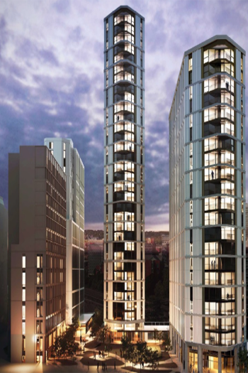 The mixed-use development proposed for the former Leeds International Pool site includes 33- and 22-story residential buildings. Image credit: DLA Architecture