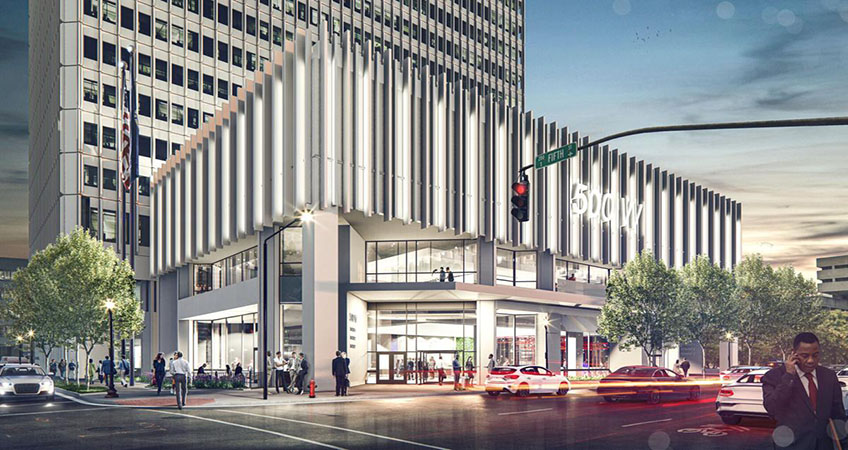 A new entrance and tenant amenities upgrades are part of the new owner's strategies at 500 West Jefferson in downtown Louisville. Image credit: SomeraRoad