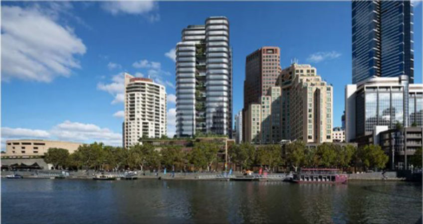 The Southgate development site will be activated by a 160 meter-long frontage to the promenade which will be connected to the riverfront boulevard and neighboring arts precinct. Image: Fender Katsalidis