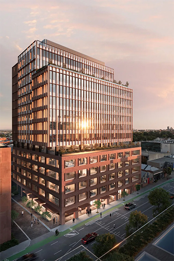 The 15-story mass-engineered timber office building will feature large tenant terraces and common social areas. (c) Hines.