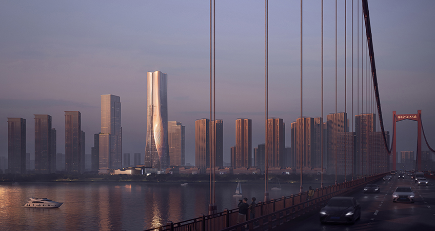 Shimao Riverside Block D2b in Wuhan is centered around creation of multidimensional public open spaces and enhancing urban experiences. Image credit: Atelier Ping Jiang