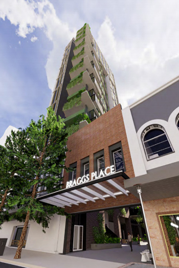 Braggs Place would include a co-working hub taking up 1,200 square meters in the podium, 8,000 square meters of student accommodation on the lower levels, and co-living apartments above. Image credit: Arkhefield