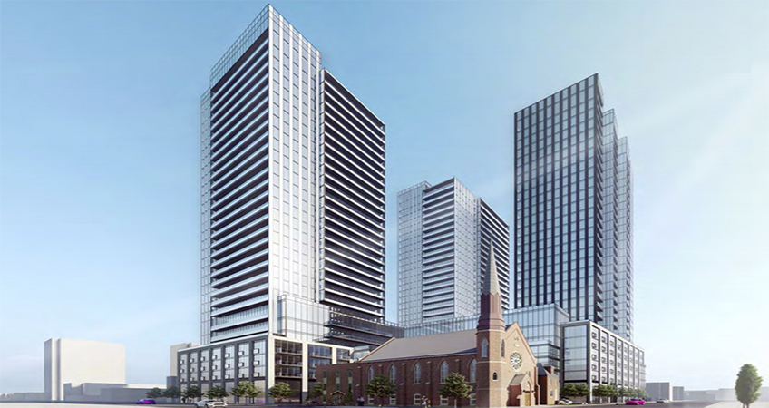 The proposed 30-story complex in Hamilton would sit in dialogue with a church on the site's corner. Image credit: EMBLEM Developments Inc.