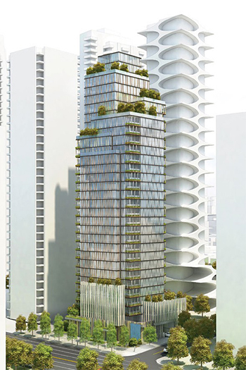 The building proposed for 1698 West Georgia Street in Vancouver takes design inspiration from the nearby mountains. Image credit: Anthem Properties