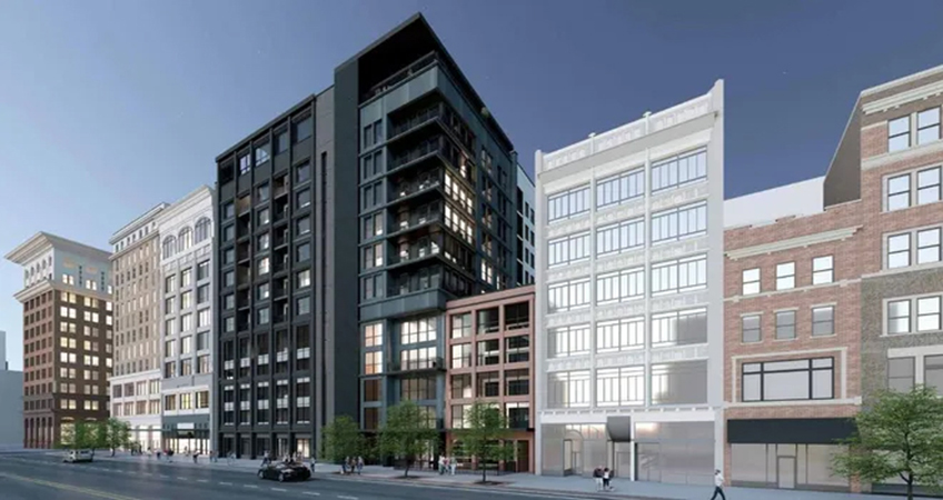 The façade for the residential building proposed at 100 N. High St. would echo the grid design prevalent in Columbus. Image credit: Eclipse Real Estate