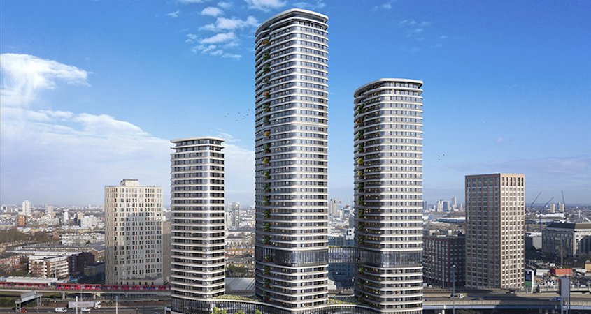 The three-tower development, linked by a podium, will provide 1,672 student rooms, as well as housing for staff and retail space. © Urbanest