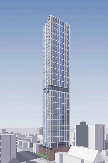 The proposed residential building in Toronto is a straightforward rectangular volume with a recessed central portion on the east and west façades. Image credit: NJS Capital