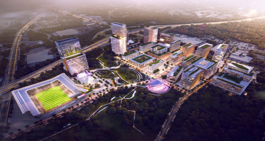 The masterplan for Raleigh's Downtown South includes a virtual reality center and a 20,000-seat stadium. Image credit: Frontop, courtesy of 10 Design