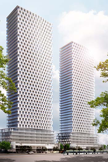 Rendering of 1900 Eglinton East Block 8 and Block 9, two residential towers that are part of phase 1 for 1900 Eglinton Ave's master plan. Image credit: architects–Alliance