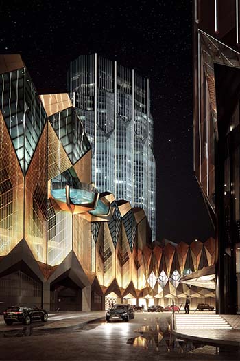A rendering of the project shows the user's experience at ground level, looking up at one of the new towers that is part of Phase 2 of Studio City, Image Credit: mir