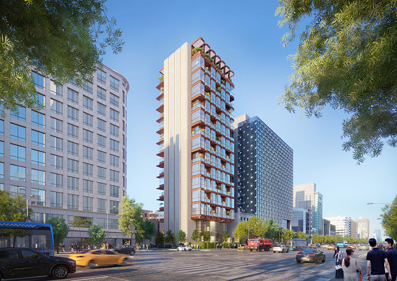 The 14-story live-work building is located on a prominent corner plot of Seoul’s Dosan-daero Road. Image copyright Foster + Partners