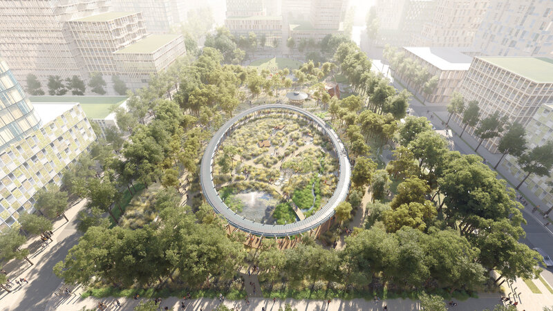 Artist’s impression of the two-hectare Central Park, which will sit on top of the Bradfield Metro Station, set to be the terminus of the 23km Western Sydney Airport metro line, now under construction (Courtesy of Bradfield Development Authority)