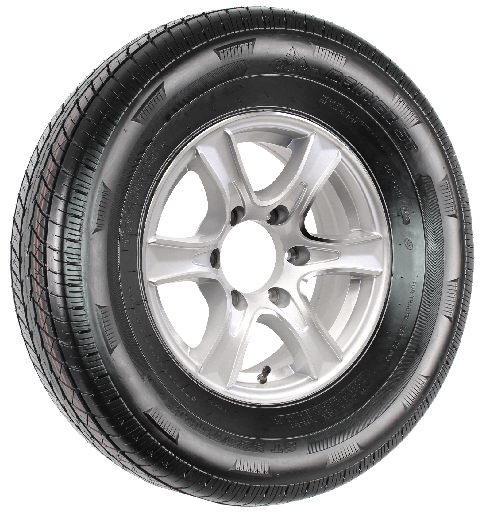Rainier ST225/75R15 LRE Radial on 15” 6Lug Thoroughbred Silver