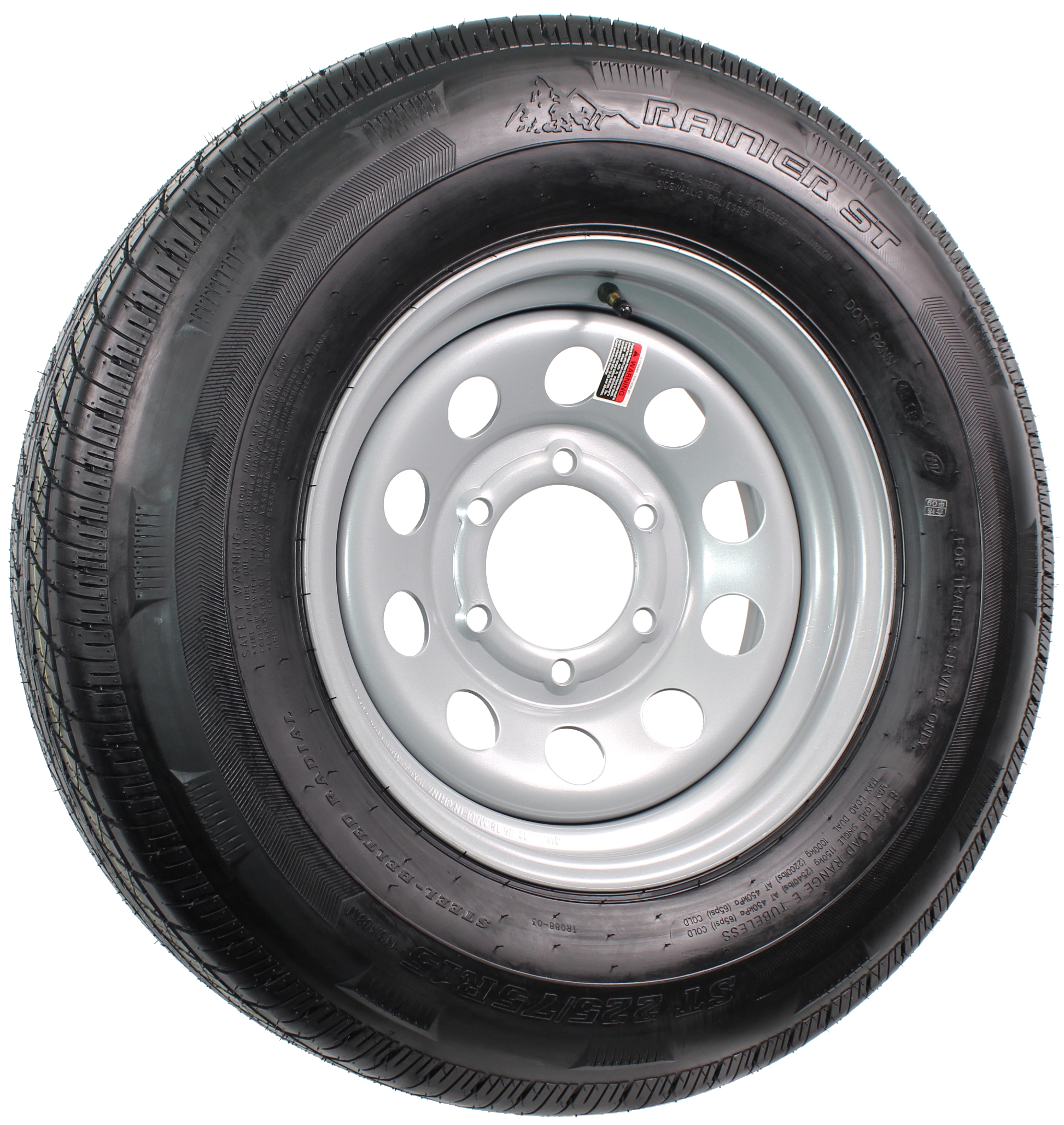 Rainier ST225/75R15 LRE Radial on 15” 6Lug Silver Mod Assembly