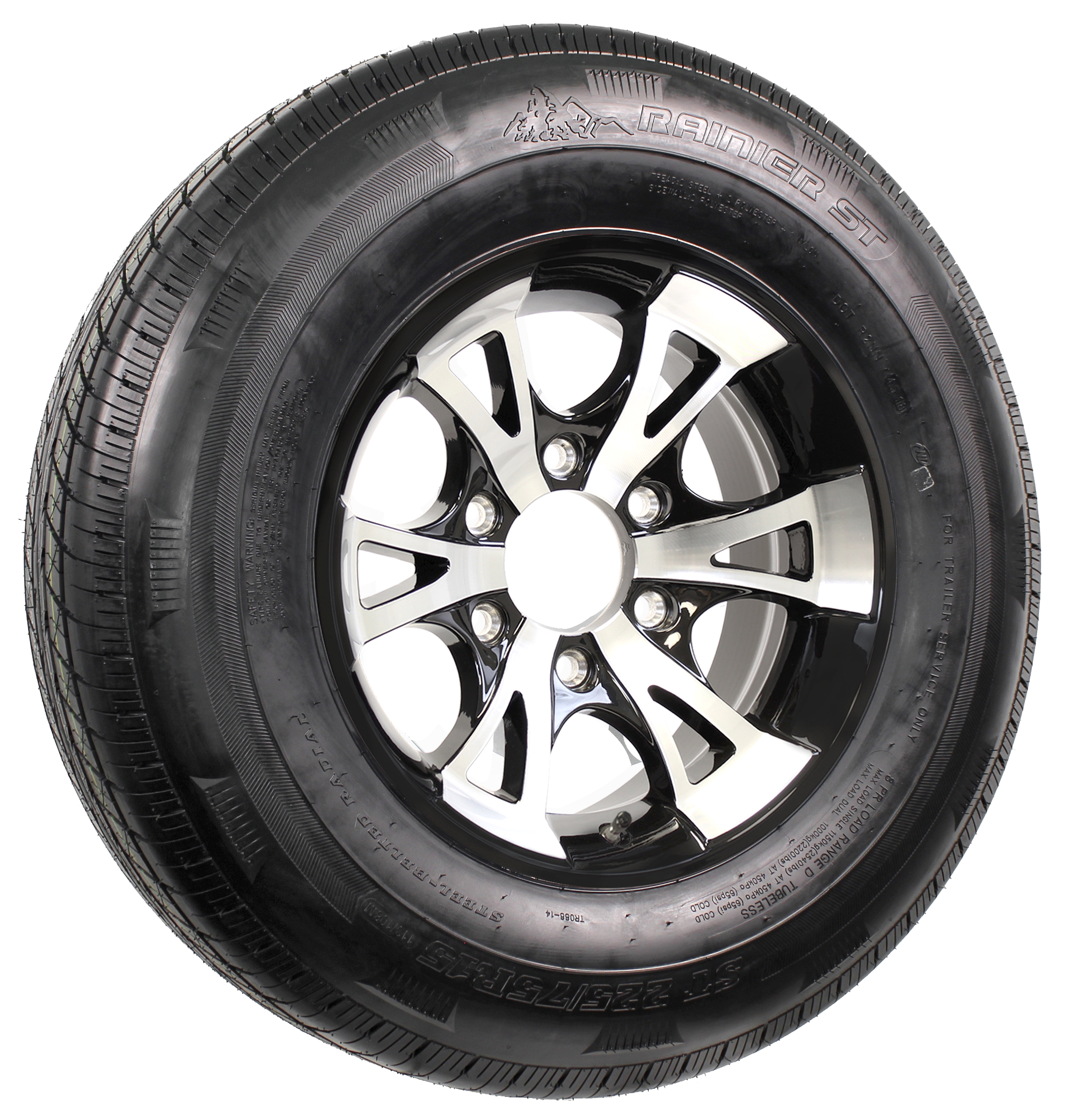 Rainier ST225/75R15 LRE Radial Tire on 15” 6Lug A1411 Black Aluminum