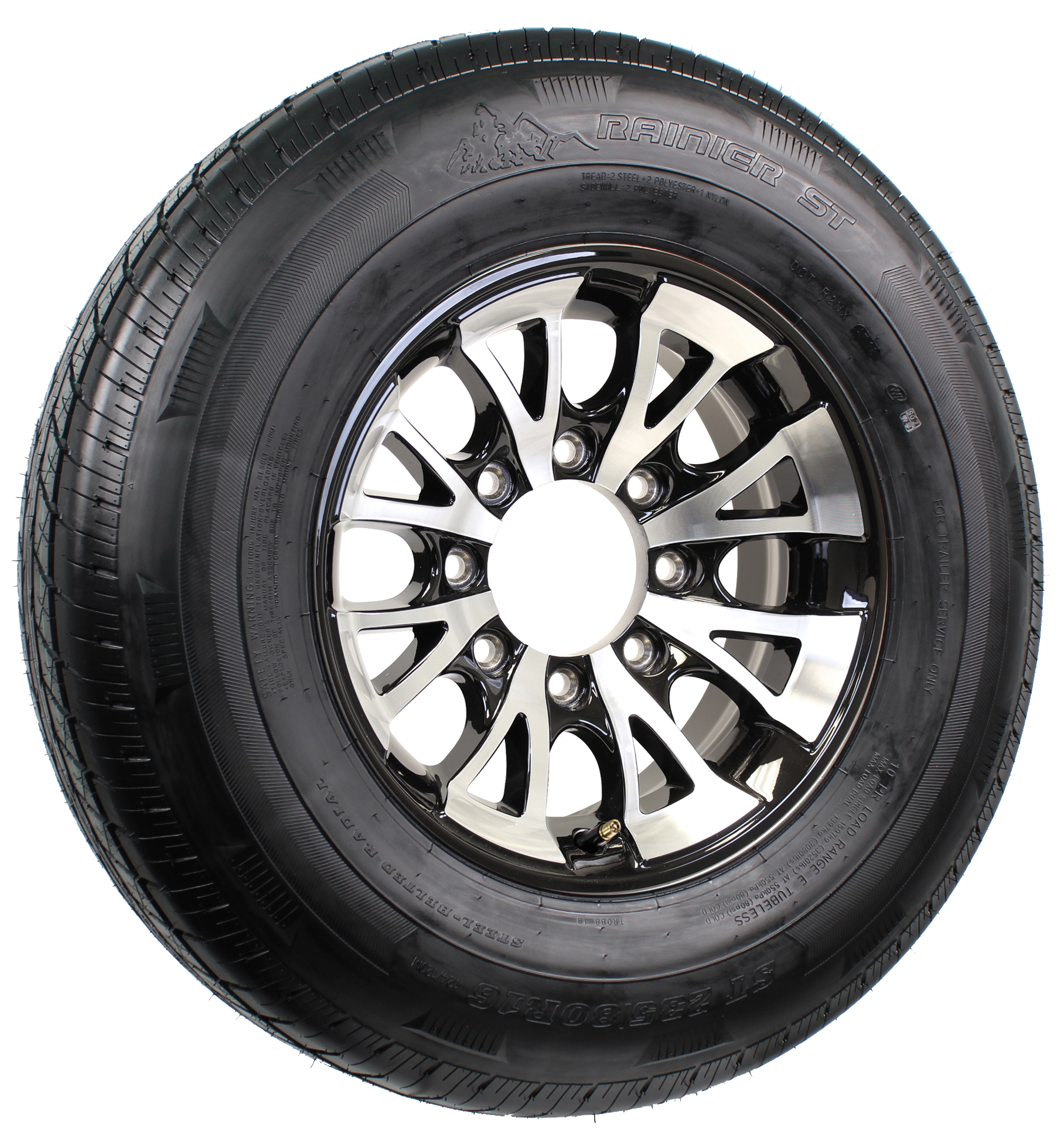 Rainier ST235/80R16 LRE Radial Tire on 16” 8Lug A1411 Black Aluminum