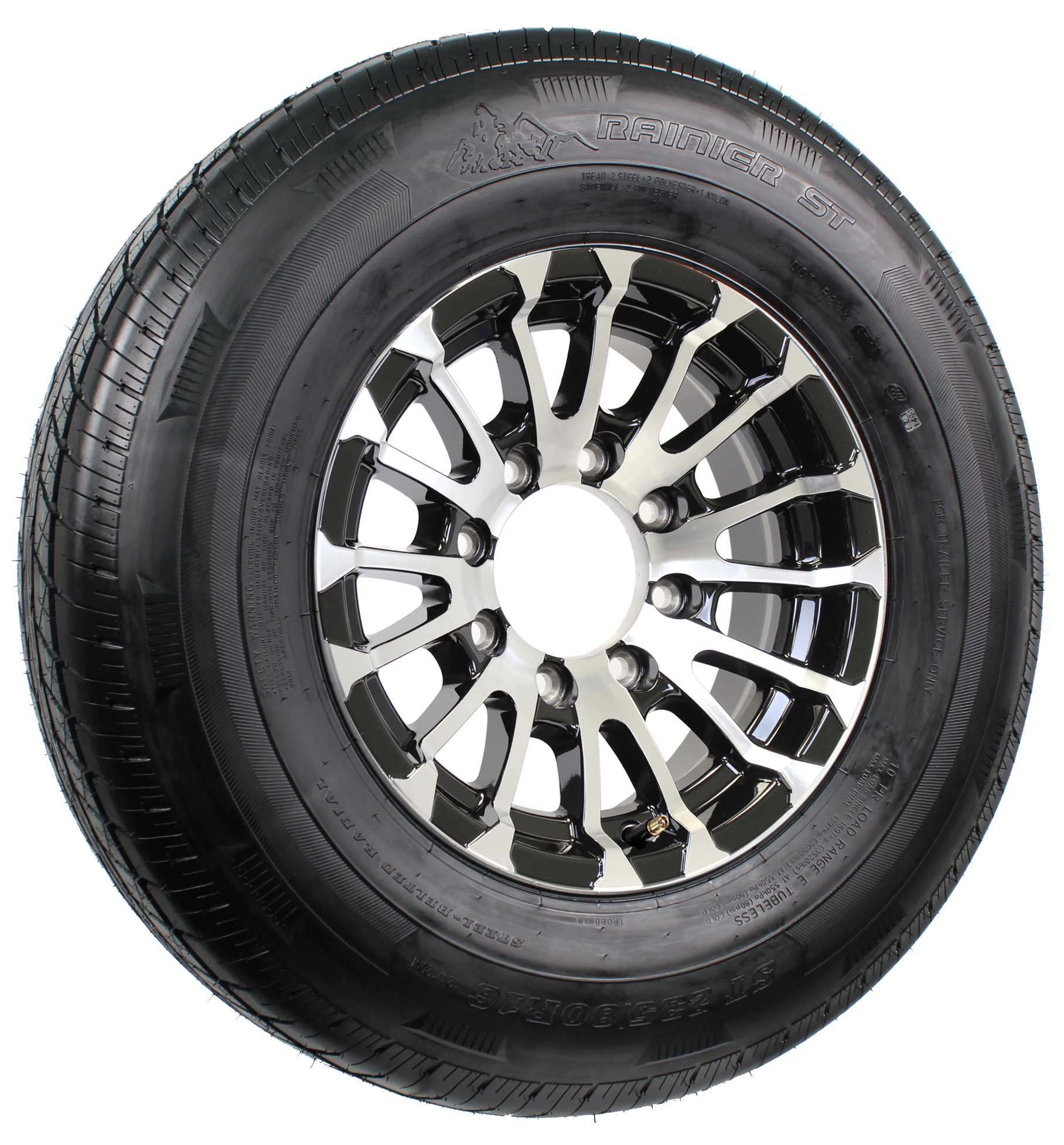 Rainier ST235/80R16 LRE Radial Tire on 16” 8Lug Avalanche Black