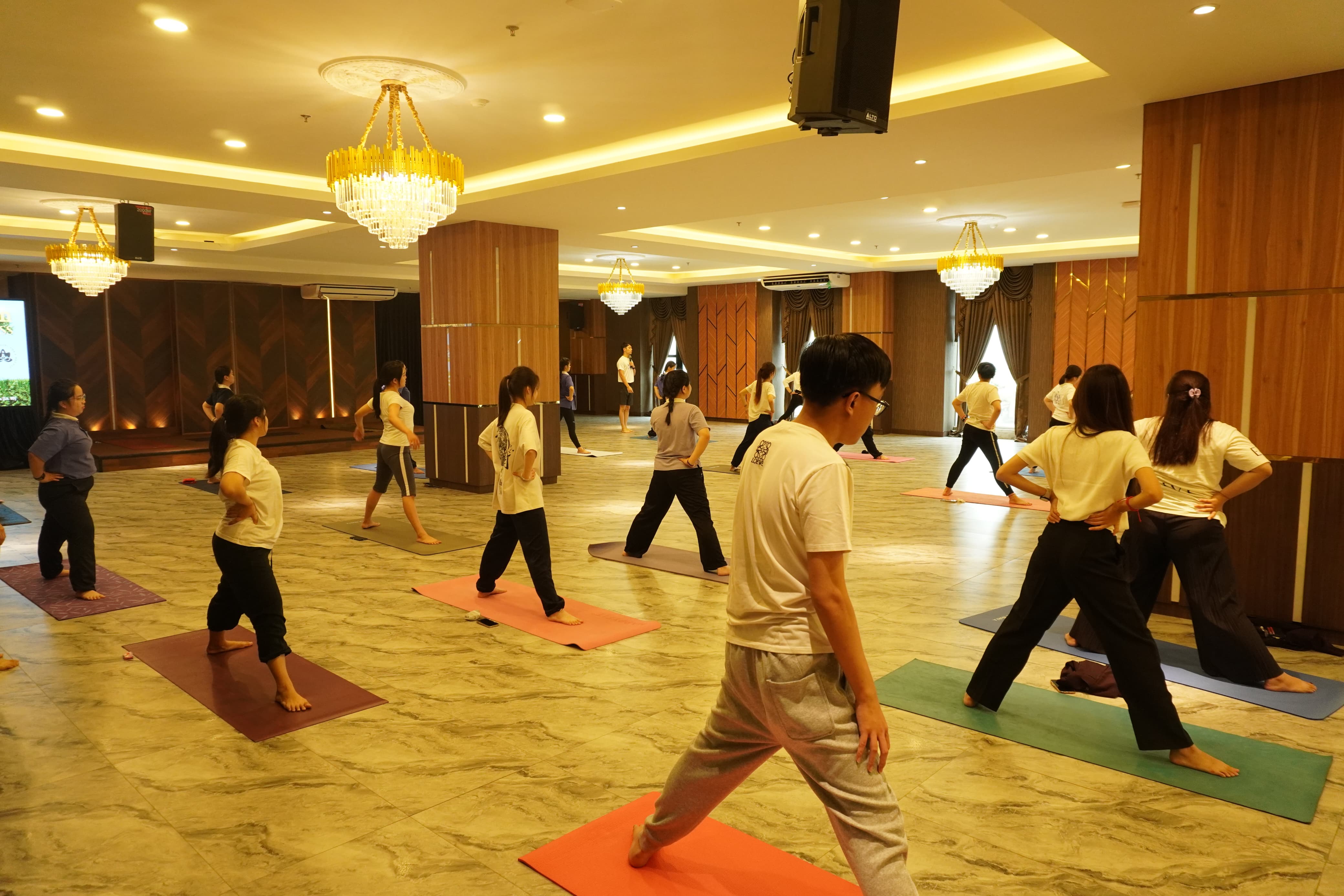 Students practicing yoga in a calm and orderly setting.