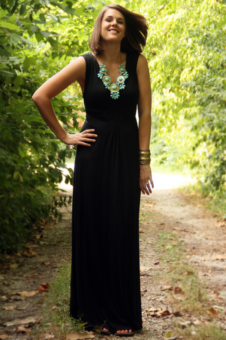 What I Wore, Jessica Quirk, Hostess Dress, Maxi Dress, Costume necklace, turquoise necklace, Long black dress, style blog, outfit blog