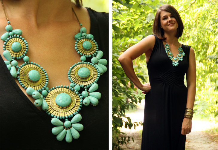 What I Wore, Jessica Quirk, Hostess Dress, Maxi Dress, Costume necklace, turquoise necklace, Long black dress, style blog, outfit blog