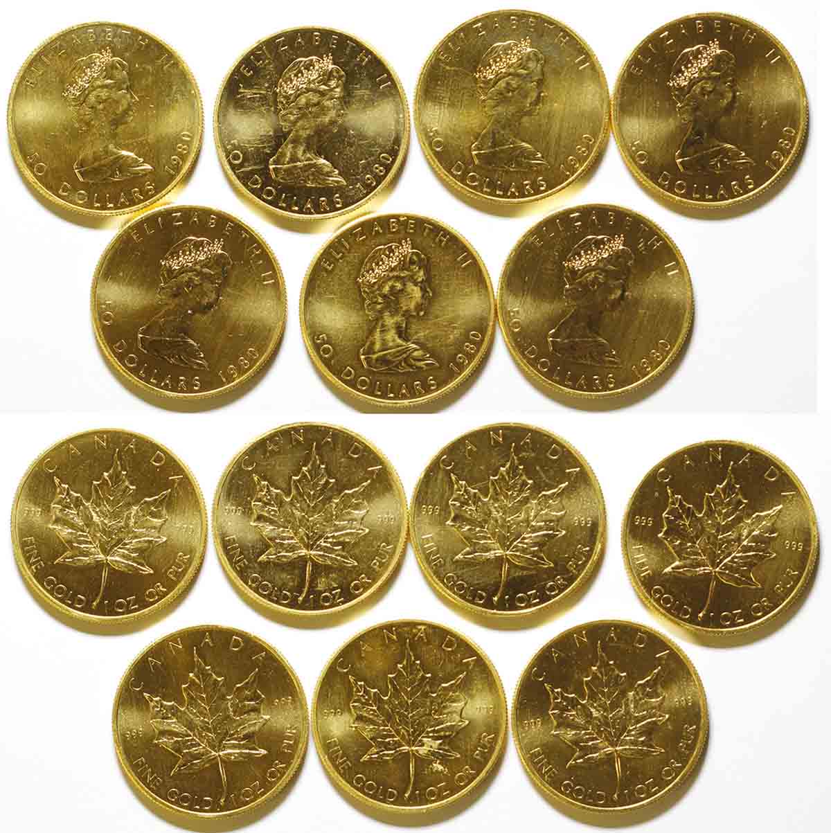 Seven One-Ounce Canadian Gold Maple Leaf Coins, Uncirculated