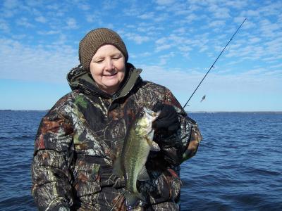 Sherrie at Lake Fork in December catchin Largemouth Bass,Crappie & Yellow Bass in 30ft. of water on a 1/8th oz. jig.
