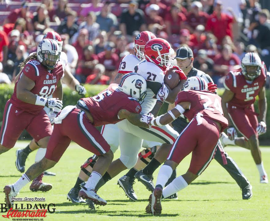 How many Gamecocks does it to take to tackle Nick Chubb (27)?