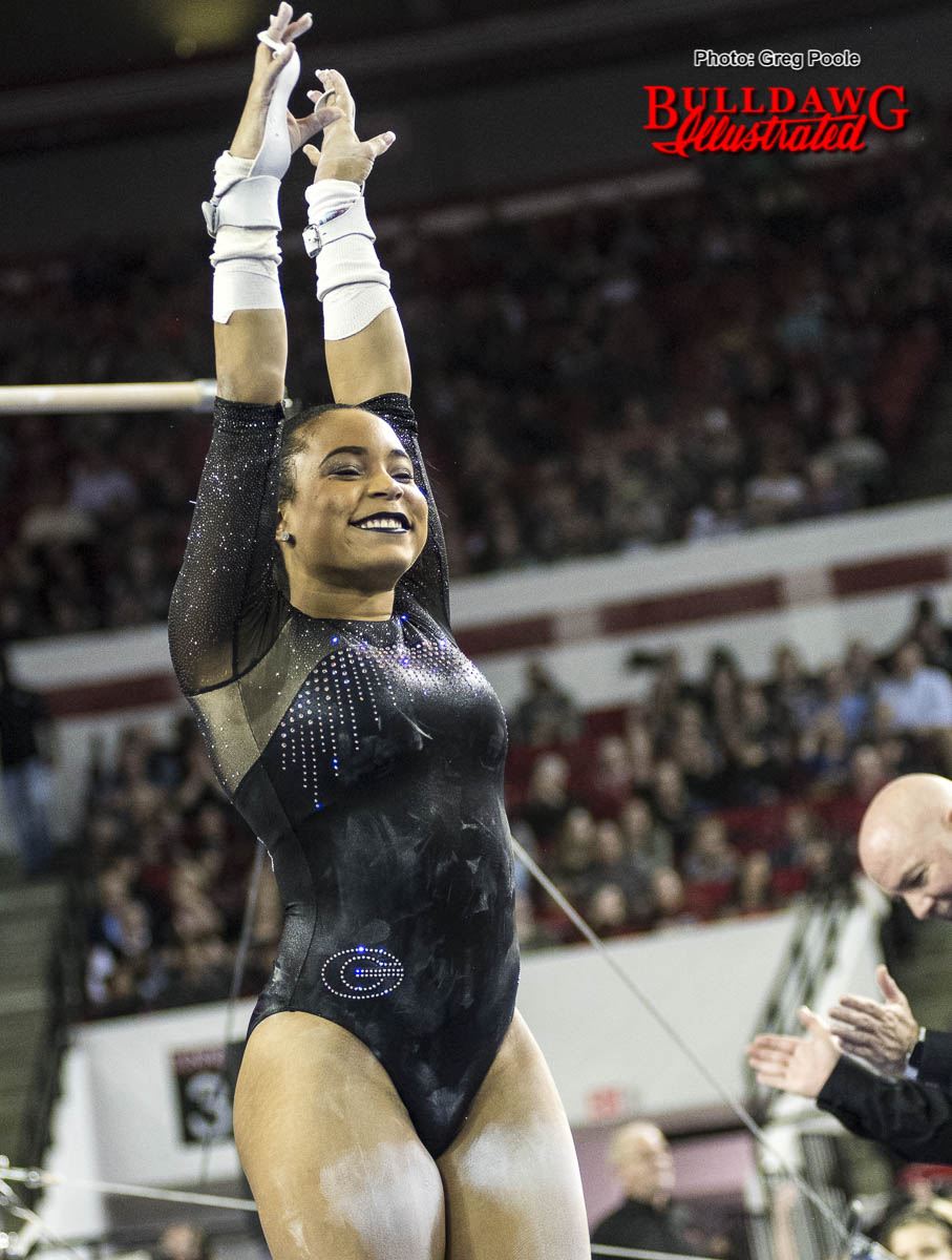 Lauren Johnson upon her dismount from bars vs. Arkansas