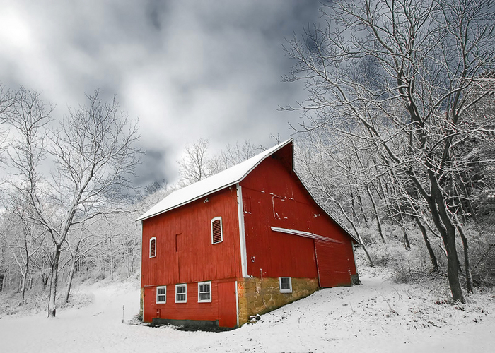 Freshly fallen snow clings to a little red barn just outside of Mt. Horeb, Wisconsin. Large