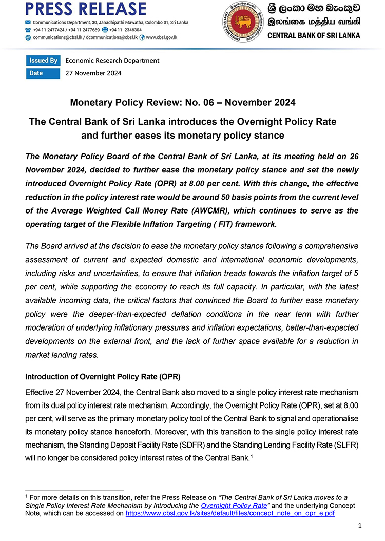The Central Bank of Sri Lanka introduces the Overnight Policy Rate and further eases its monetary policy stance