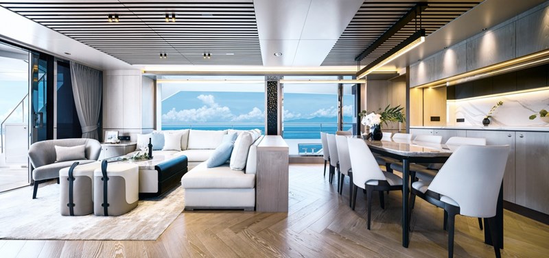 Horizon FD90 salon with couch and ottomans.