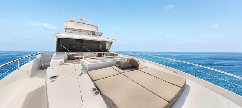 Horizon FD110 Hull 7 large bow with hot tub and sun pads.