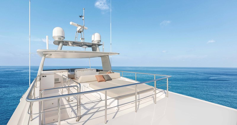 Horizon FD110 Hull 7 Tri-Deck with seating and sun pads.