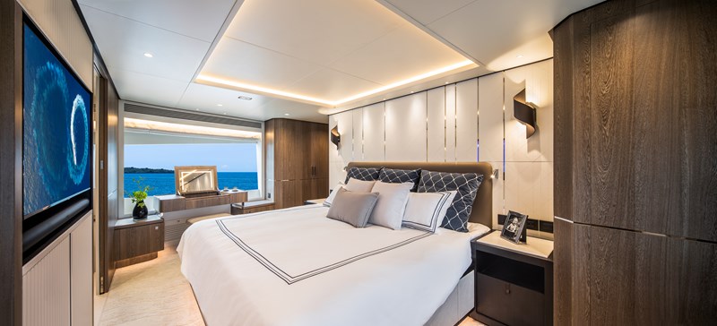 Horizon FD90 Hull 34 master stateroom with vanity to starboard.