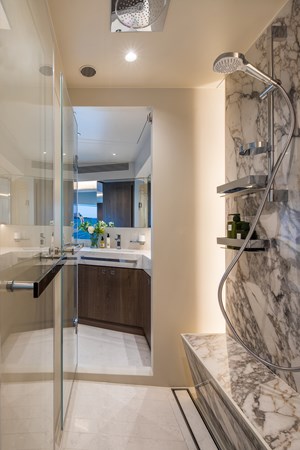 Horizon FD90 Hull 34 master shower with rain shower head.