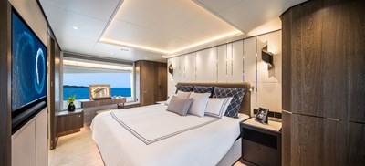 Horizon FD90 Hull 34 master stateroom with vanity to starboard.