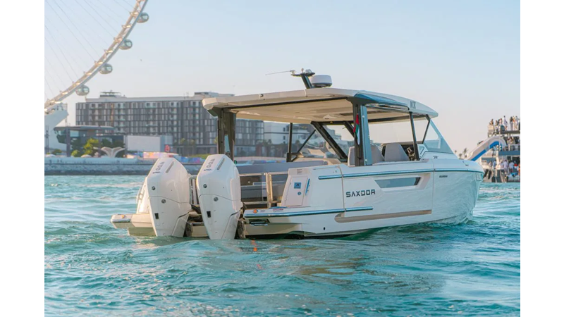 Saxdor 400 GTO ICE viewed from the stern, highlighting twin Mercury V10 400 engines and sleek transom design.