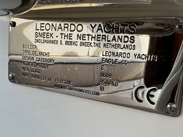 WELCOME: 2024 Leonardo Eagle 44 Leonardo Yachts Builder's Plaque