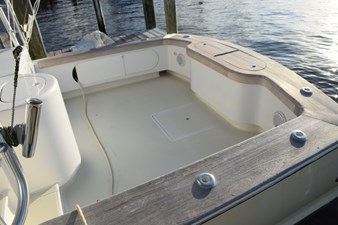 Non-skip cockpit deck and teak coverboards and coaming with transom fish box.