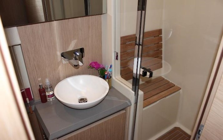 Interior view of master cabin ensuite, featuring a wash basin and shower