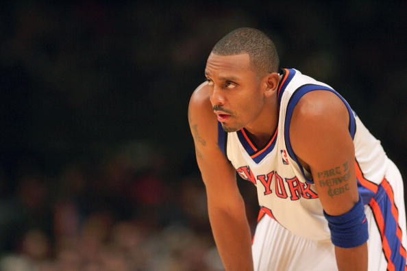 NEW YORK - NOVEMBER 23: Penny Hardaway #1 of the New York Knicks looks on against the Atlanta Hawks on November 23, 2004 at Madison Square Garden in New York City. The Knicks defeated the Hawks 104-88. NOTE TO USER: User expressly acknowledges and agrees that, by downloading and/or using this Photograph, user is consenting to the terms and conditions of the Getty Images License Agreement. (Photo by Ezra Shaw/Getty Images)