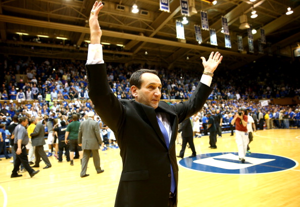 DURHAM, NC - MARCH 08: Head coach Mike Krzyzewski of the Duke Blue Devils celebrates after defeating the North Carolina Tar Heels 93-81 at Cameron Indoor Stadium on March 8, 2014 in Durham, North Carolina. (Photo by Streeter Lecka/Getty Images)