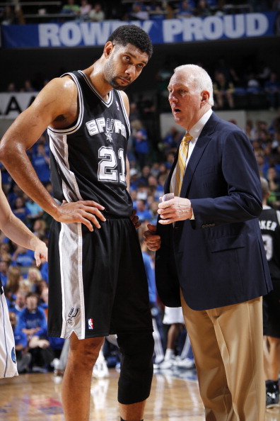 DALLAS, TX - APRIL 26: Gregg Popovich of the San Antonio Spurs talks to Tim Duncan #21 during the game against the Dallas Mavericks during Game Three of the Western Conference Quarterfinals during the 2014 NBA Playoffs on April 26, 2014 at the American Airlines Center in Dallas, Texas. NOTE TO USER: User expressly acknowledges and agrees that, by downloading and/or using this Photograph, user is consenting to the terms and conditions of the Getty Images License Agreement. Mandatory Copyright Notice: Copyright 2013 NBAE (Photo by Glenn James/NBAE via Getty Images)